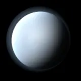 Artist's impression: the envelope-cool look, for radius 1.6 to 4 R⊕, Teq below 350 K: pale blue-white haze, faint bands. A still of the look, not of a particular planet.