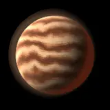 Artist's impression: the giant-hot look, for radius 10 R⊕ or more, Teq 1,000 to 2,000 K: rust cloud bands. A still of the look, not of a particular planet.