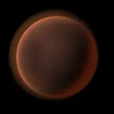 Artist's impression: the giant-ultrahot look, for radius 10 R⊕ or more, Teq 2,000 K or more: dark, low-contrast and glowing on the day side; no bands. A still of the look, not of a particular planet.