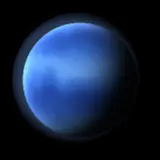 Artist's impression: the neptune-cool look, for radius 4 to 10 R⊕, Teq below 350 K: deep blue bands and a dark spot. A still of the look, not of a particular planet.