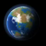Illustration: the ref-earth look, for Earth, 1.00 R⊕, the Solar System reference: Earth, the Solar System reference: oceans, land and clouds. A still of the look, not of a particular planet.
