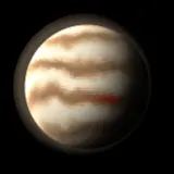 Illustration: the ref-jupiter look, for Jupiter, 11.21 R⊕, the Solar System reference: Jupiter, the Solar System reference, with its Great Red Spot. A still of the look, not of a particular planet.