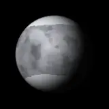 Artist's impression: the rock-cold look, for radius below 1.6 R⊕, Teq below 200 K: pale grey rock, ice caps to latitude 40°, no atmosphere. A still of the look, not of a particular planet.
